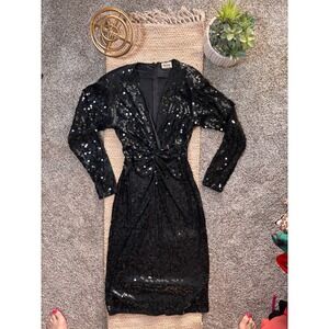 Oleg Cassini Vintage Black Sequin V-Neck Long Sleeve Midi Cocktail Dress Womens